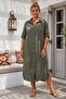 Khaki Shirt Collar 3/4 Sleeve Buttoned Pocket Casual Muslin Woven Dress 122 65 - 4