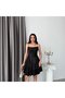 Black Draped Thin Strap Short Evening Dress with Tie Back - 4