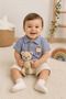 Baby Boy 100% Cotton Lion Embroidered Seersucker Fabric Shorts Set - Blue/Ecru 6-24 Months - 2