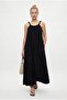 Women's Deep Lined Beaded Halter Neck Pocketed Long Woven Black Dress - 4