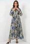 Women's Shirt Collar, Gathered Waist, Long Sleeve, Floral Patterned, Viscose, Dark Gray, Hijab Dress - 3