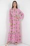 Women's Round Neck Gathered Waist Floral Patterned Viscose Pink Hijab Dress - 4