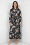 Women's Shirt Collar Belted Floral Patterned Viscose Black Hijab Dress