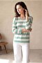 Women's Relaxed Fit Crew Neck Viscose / Elastane Long Sleeve Green / Ecru Striped Off-Shoulder Blouse Wilda