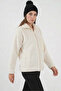 Women's Stand Collar Zippered Oversize Jacket with Pocket Detail in Beige - 3