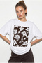 Women's White Coffee Crew Neck Floral Printed Oversize 100% Cotton T-Shirt Öt100001 60286273