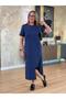 Women's Short Sleeve Crew Neck Pocket Front Slit Viscose Two Thread Midi Dress - 4