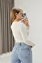 Women's V-Neck Long Sleeve Crop Blouse Ecru - 3