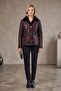 Shiny Genuine Leather and Fur Women's Coat with Horizontal Piping in Plum Color - 3