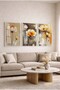 White and Orange Colored Amber Flower 3-Piece Glass Painting Set with White Metal Frame for Home and Office - 3