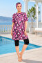 Patterned Hijab Swimsuit Set Including Bonnet Half Sleeves Stretchy Fabric Women's Swimwear Set - 2