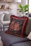 Medieval Garden Scene Figured Tapestry Fringed Throw Pillow Cover - Burgundy Tasseled Pillowcase - 2