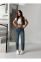 Green Tinted High Waist Front Stone Decorated Mom Jeans Denim Pants - 2