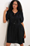Women's Tie Collar Short Sleeve Gathered Dress 2600 - Black - 5