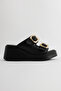 Rana Women's Black Genuine Leather Buckle Slippers