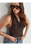 32931 Degaje Yaka Polka Dot Top-Dark Brown - 4