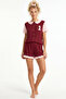 Burgundy Collar Detailed Printed Buttoned Cotton Knitted Shorts Pajama Set 8009 - 2