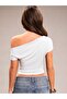White Asymmetric Collar Draped Crop Blouse Women's Off Shoulder Slim Fit Blouse - 3