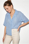 Women's Baby Blue Self-Striped Open Collar Oversize Short Sleeve Shirt 60282055 - 3