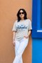 Women's Gray Cotton Oversize Printed Lycra Crew Neck T-Shirt