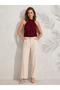 Women's Burgundy Halter Neck Button Detailed Sleeveless Pleated Sandy Fabric Blouse - 5