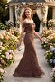 Women's Tan Boat Neck Beaded Long Mermaid Evening Dress - 5