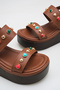Calivella Brown Beaded Women's Colorful Bead Detailed Daily Double Strap Ankle Strap Wedge Heeled Sandals - 4