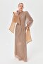 Stone-Embellished Balloon Sleeve Evening Dress - Gold - 4