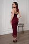 Women's Jacquard Patterned Burgundy Polka Dot Open Back Halter Neck Long Dress with Tulle Detail - 3