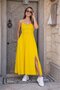 Women's Rope Strap Round Neck Long Viscose Dress with Front Slit and Pocket Detail