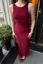 Burgundy Crew Neck Zero Sleeve Lace Slit Women's Sandy Dress - 4