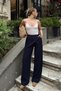 Navy Blue Waist Shawl Tie Detail Sequin Printed High Waist Wide Leg Women's Modal Trousers - 3