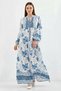 Women's High Collar Gathered Waist Floral Patterned Viscose Blue and White Hijab Dress - 6