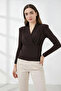 Women's Double-Breasted Collar Shoulder Padded Brown Blouse - 4