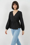 Women's V-Neck Gathered Side Tie Long Sleeve Viscose Black Blouse - 2