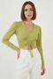 Women's V-Neck Gathered Waist Puff Sleeve Green Blouse - 2