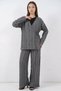 Women's V-Neck Regular Waist Vertical Stitching Detailed Gray Two-Piece Set - 4