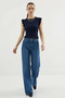 Women's Round Neck Ruffled Sleeve Navy Blue Blouse - 2