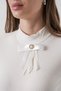 Women's High Collar Ribbon Detailed Pearl White Blouse - 4