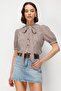 4900 Women's Gingham Patterned Scarf Collar Balloon Sleeve Shirt Brown - 3