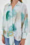 Women's Belted Draped Oversized Patterned Satin Green Ecru Shirt - 4