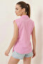 Women's Wrap Collar Belted Zero Sleeve Cotton Pink Shirt - 7