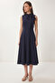 Scarf Detailed Midi Woven Dress Lnt0036 Dark Blue
