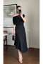 Black Long Dress with Gathered Shoulder Detail - 206190 - 4