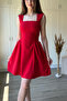 Waist-Tied Flared Short Red Dress - 3