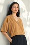 Women's Biscuit Color Short Sleeve Crop Shirt Jacket - Blazer Collar Off-Shoulder Loose Jacket - 3