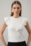 Women's Round Neck Pearl Detailed D Flower Short Sleeve White Blouse