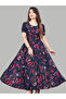 Navy Blue Polycrepe Printed Gown - FFT8090 | Navy Blue-Size:M-38-Inches - 3