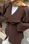 Women's Collared Single Button Detailed Waist Tie Kimono Brown - 5