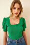 Square Neck Balloon Sleeve Knitted Blouse Ldd0032 Green